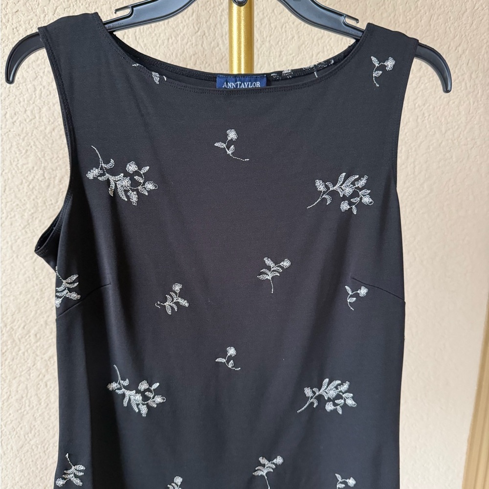Ann Taylor Black Sleeveless Tank with Silver Floral Accents